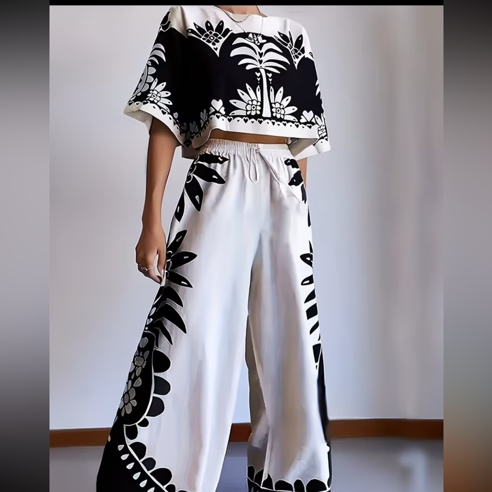 Black and White Floral Wide-Leg Pants